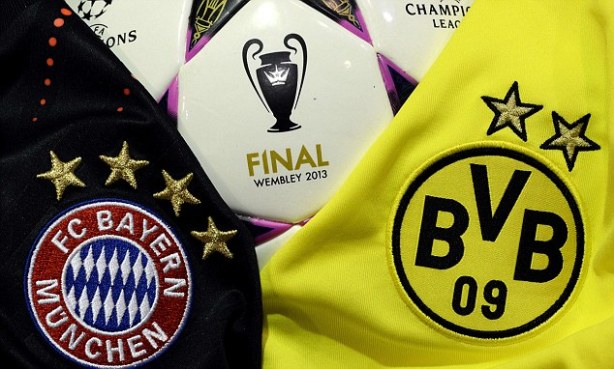 Jerseys of German football clubs Bayern Munich (L) and Borussia Dortmund are pictured with an UEFA Champions League 2013 final official ball. Bayern and Borussia will face in an all-German UEFA Champions League 2013 final on May 25, the first time two Bundesliga clubs will meet for the European Cup.