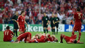 Distraught Bayern players following their loss in the 2012 Champions League final to Chelsea at the Allianz Arena